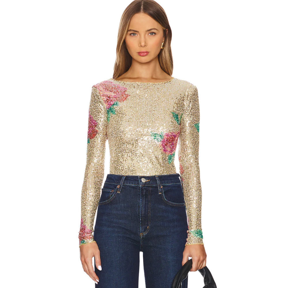 Free People Printed Gold Rush Sequin Top Long Sleeve Champagne Combo XS NWT